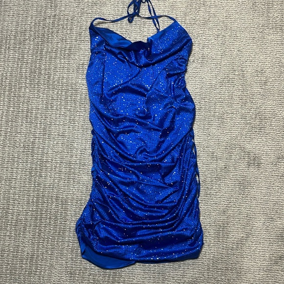 AKIRA Miami Nights Metallic Royal Blue Rhinestone Scrunch Open Back Dress NWT - Picture 1 of 3